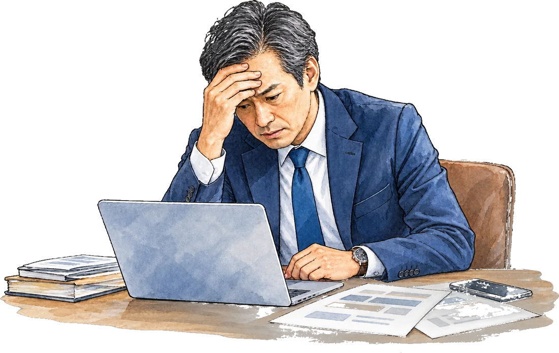 ノートパソコンの前で頭を抱え、ホームページの成果に悩む経営者のイラスト